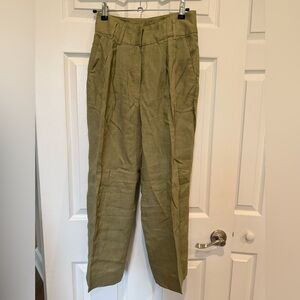 Massimo Dutti 100% Linen High-Waisted Pleated Trousers – Olive Green, Size 4